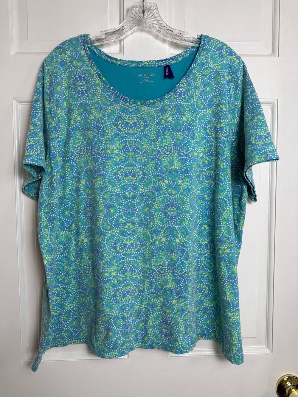 Catherines Teal & Lime Printed Short Sleeve Scoop Neck Tee Size 1XWP Petite